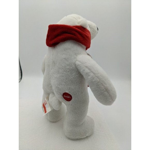 2013 Coca-Cola Plush Standing Polar Bear Red Scarf 10.5 inch Tag Is USED Writing - Picture 6 of 11